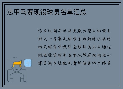 法甲马赛现役球员名单汇总